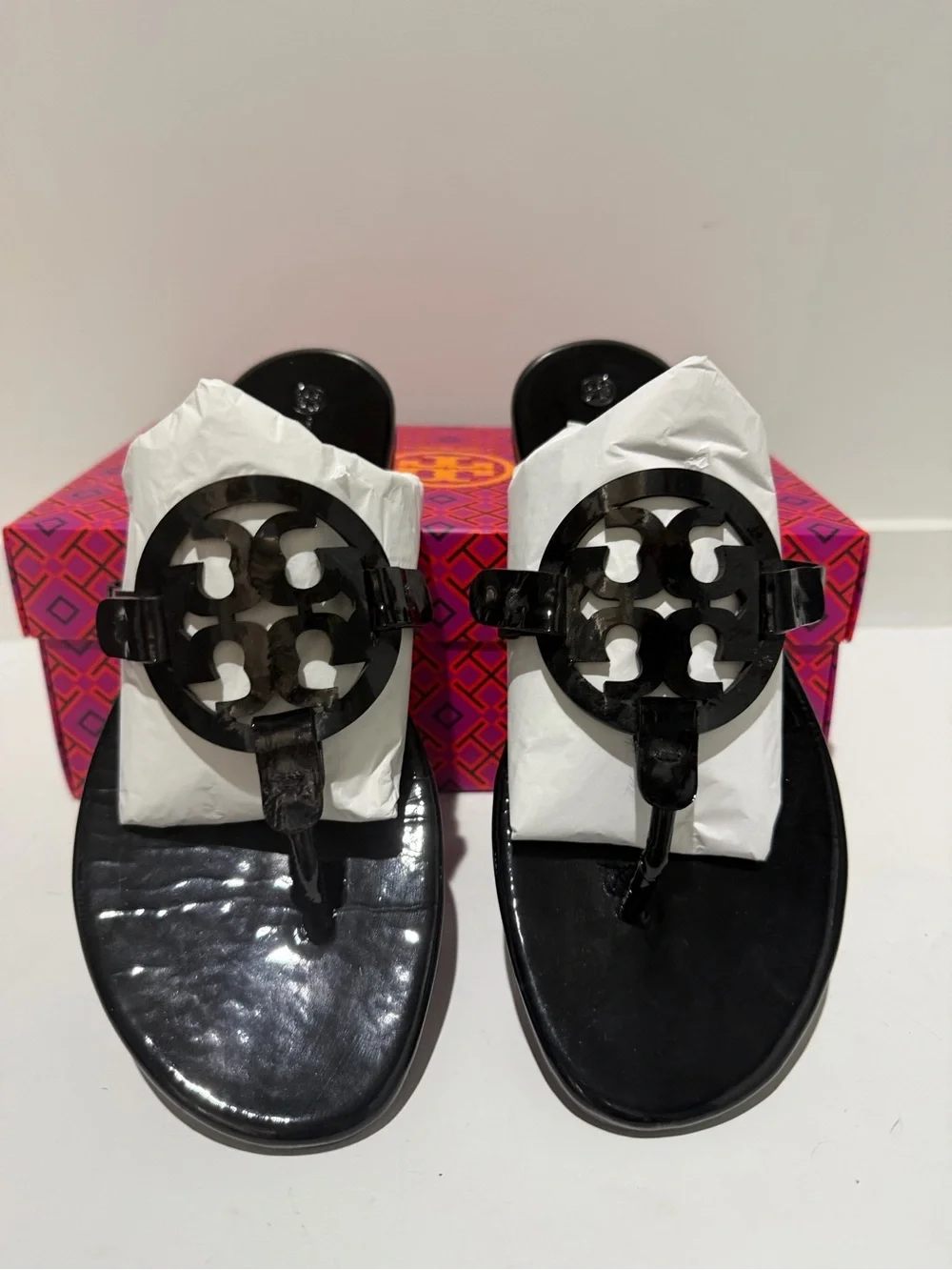 Tory Burch Black Patent Miller Logo Thong Sandals